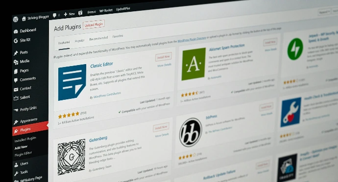 A computer screen displaying the WordPress plugin installation page with various software options